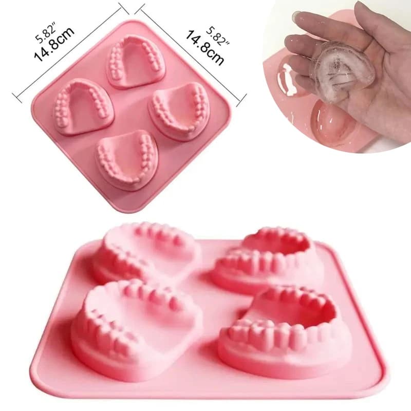 1pc 4 fori vassoio denti a forma di stampo per ghiaccio in silicone protesi vassoi per ghiaccio divertente bavaglio regalo per dentista favore di partito denti stampo per ghiaccio