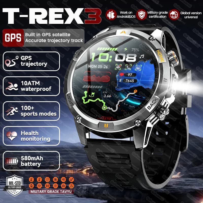 Nuovi uomini all'aperto T-REX3 GPS integrato Smart Watch Torcia elettrica Frequenza cardiaca 10ATM Impermeabile BT Chiamata 580mAh Batteria Sport Smartwatch