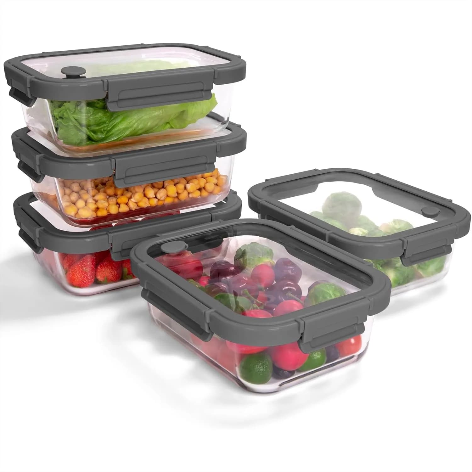 Set di 5 Contenitori in Vetro Borosilicato con Coperchi Temperati, Set per Preparazione Pasti Ermetico da 35,2 oz, Grigio