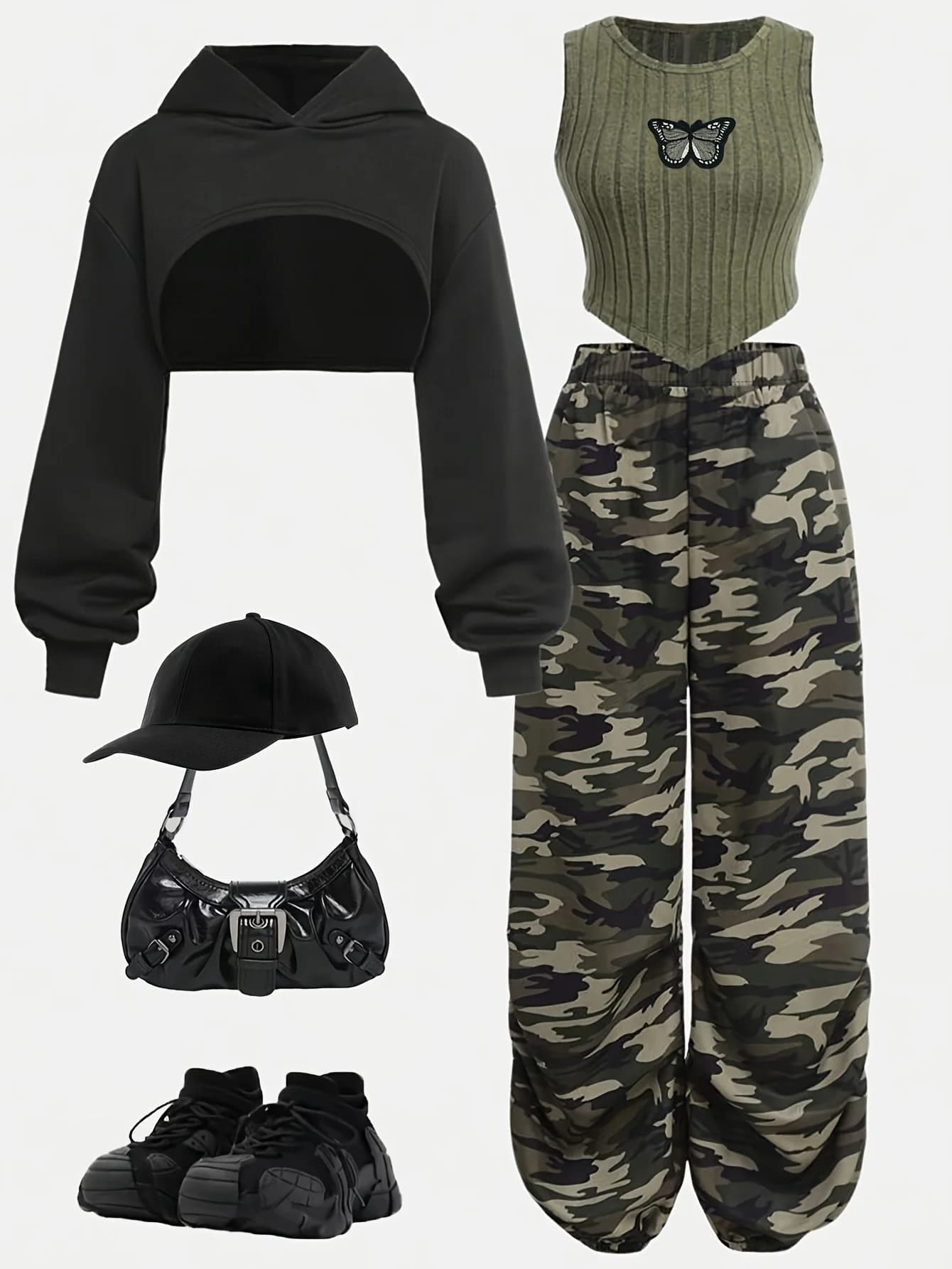 Abbigliamento per bambini Felpa corta con cappuccio da ragazza, gilet a costine in pile e pantaloni sportivi mimetici Set da tre pezzi per ragazze, completo da ragazza verde militare