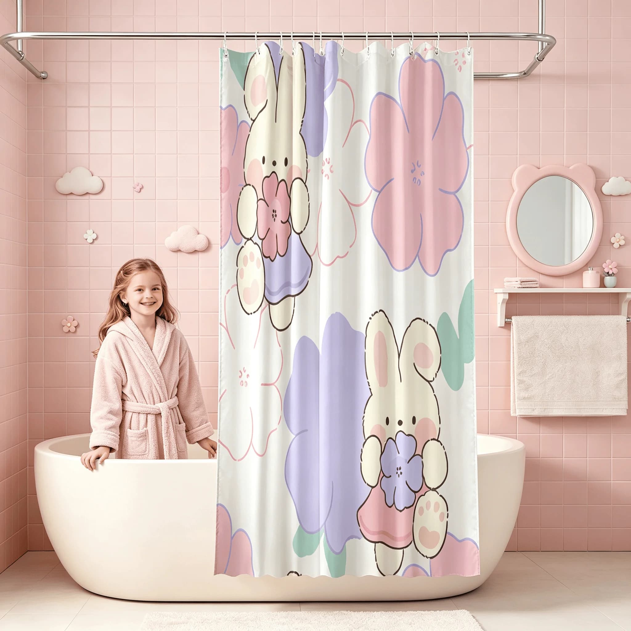 Cute Bunny and Flowers Aesthetic Shower Curtain Waterproof Fabric Bathroom Decor with Hooks