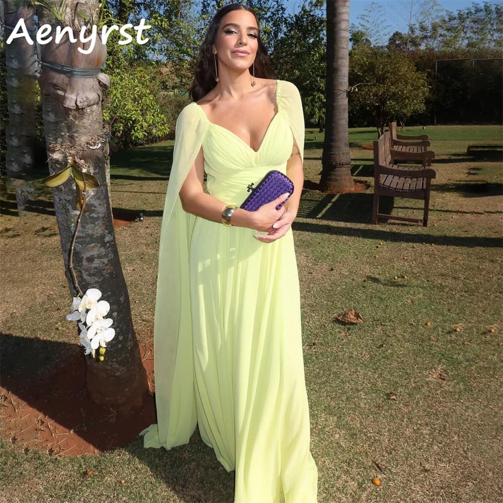 Aenyrst Abiti da sera gialli con maniche lunghe a cappuccio e scollo a V, in chiffon plissettato, linea ad A, abiti da ballo lunghi fino al pavimento, personalizzabili per feste