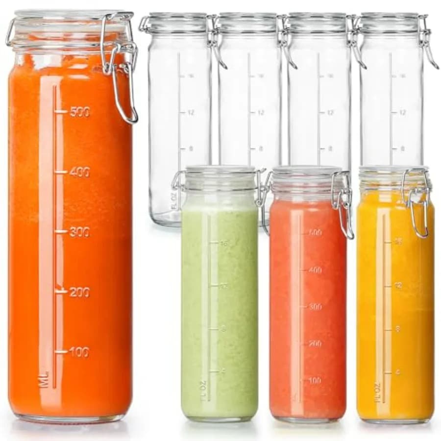 Barattoli di vetro da 20 once con coperchi ermetici per estratto di vaniglia, confezione da 8 bottiglie di succo di vetro con coperchi incernierati e linee in scala, alto 600 ml