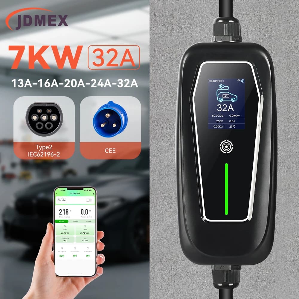 JDMEX 7KW Type 2, 32A Monophase, for Electric Cars, Adjustable 13A-16A-20A-24A-32A with APP Control