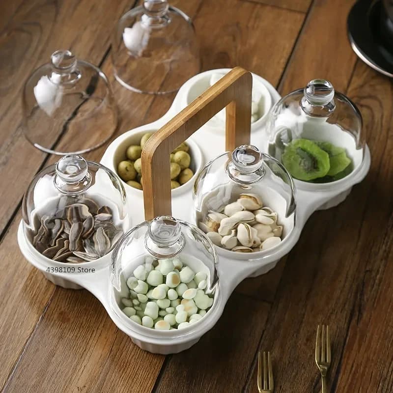 Piatto snack in ceramica creativo Piatto di frutta Coperchio in vetro Ciotola da dessert Piatto di frutta secca Piatto di stoccaggio snack moderno per soggiorno P8M