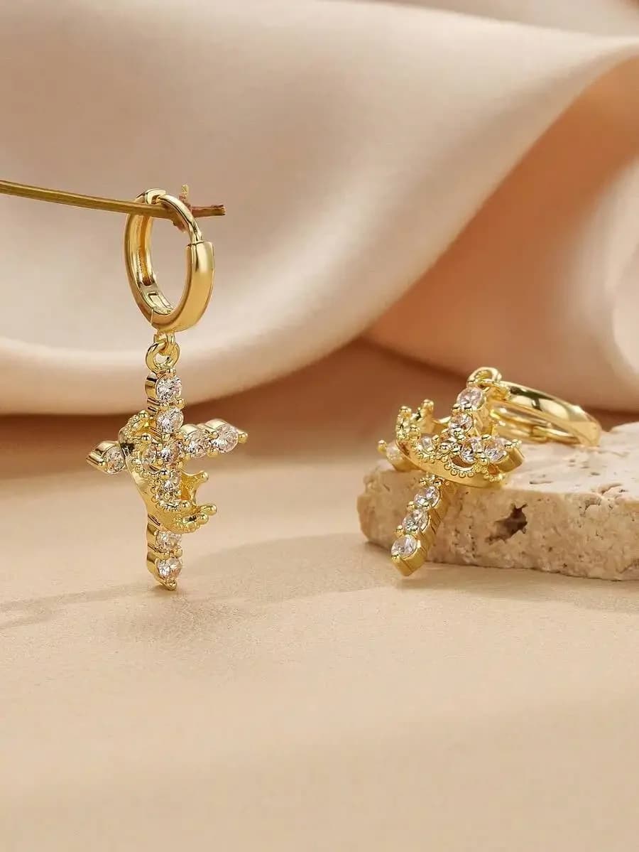 2Pcs Gold Crown Cross Heart Teardrop Hoop Earrings For Women, Sparkling Crystal Detail, Elegant Religious Jewelry For Daily