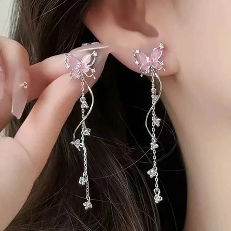 2 Pezzi Orecchini Pendenti Lunghi con Farfalle in Cristallo Scintillante, Zirconia e Lega, Colore Rosa Argento, Gioielli da Sposa