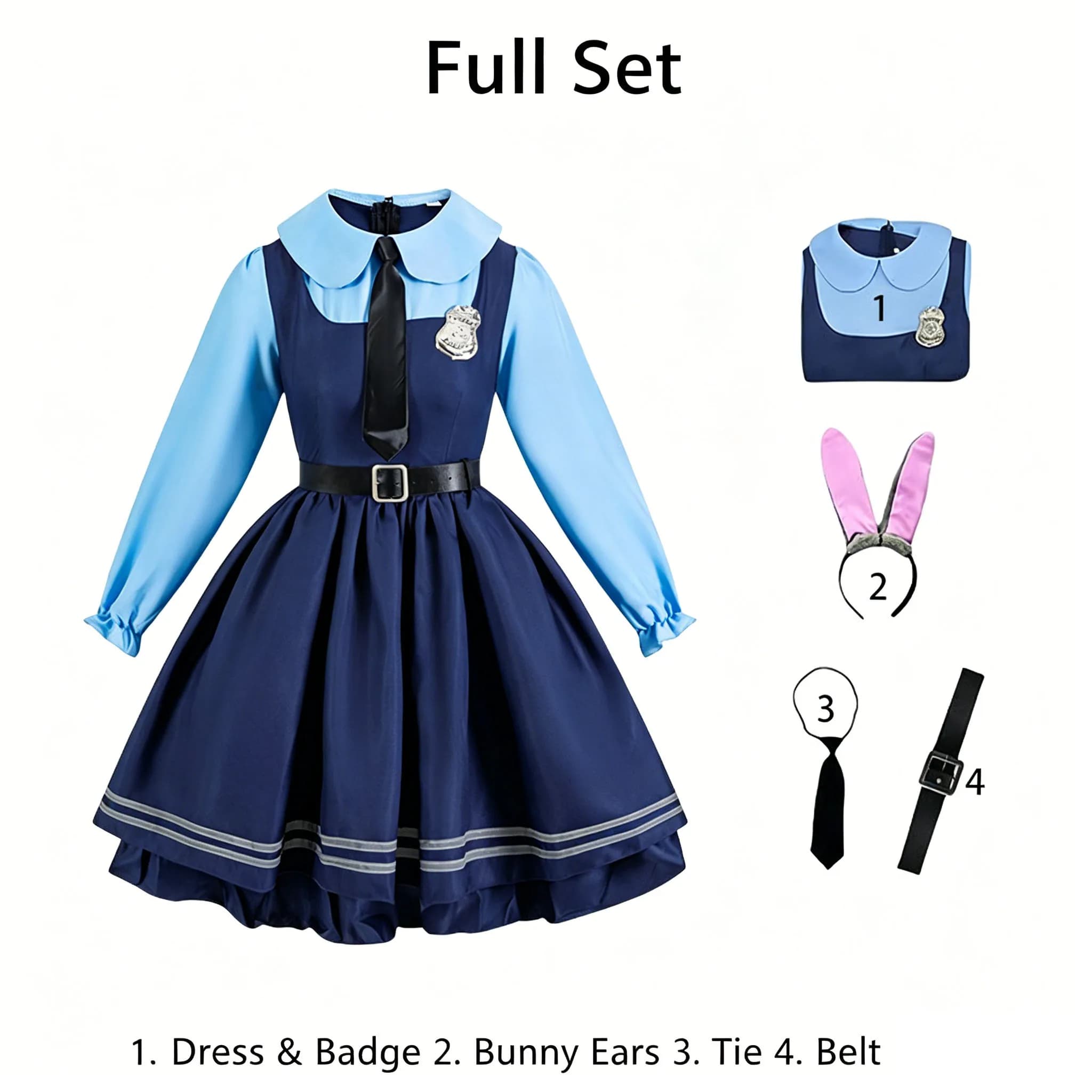 Zootopia Judy Hopps Cosplay Dress Full Set Bunny Ears Badge Tie Belt Anime Halloween Party Costume For Women