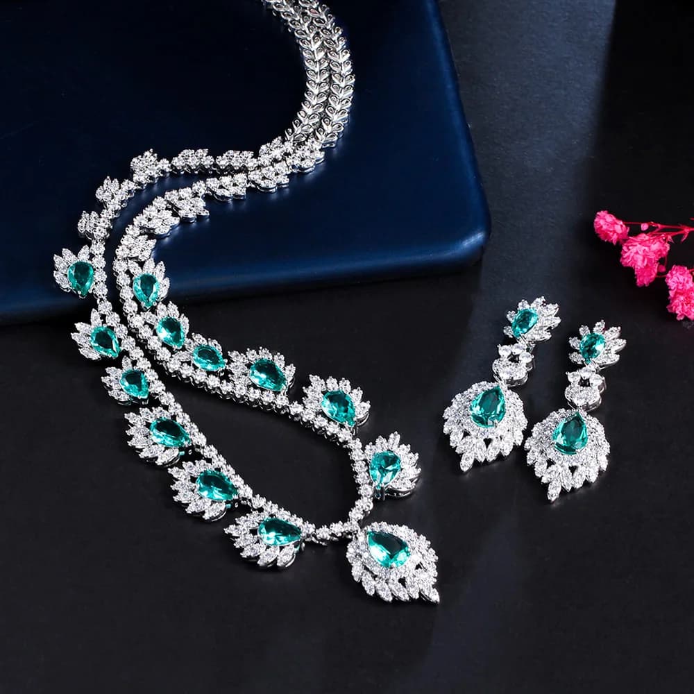 Pera Gorgeous Light Blue Cubic Zirconia Silver Color Tassel Water Drop Bridal Party Earrings Necklace Set for Women Jewelry J514