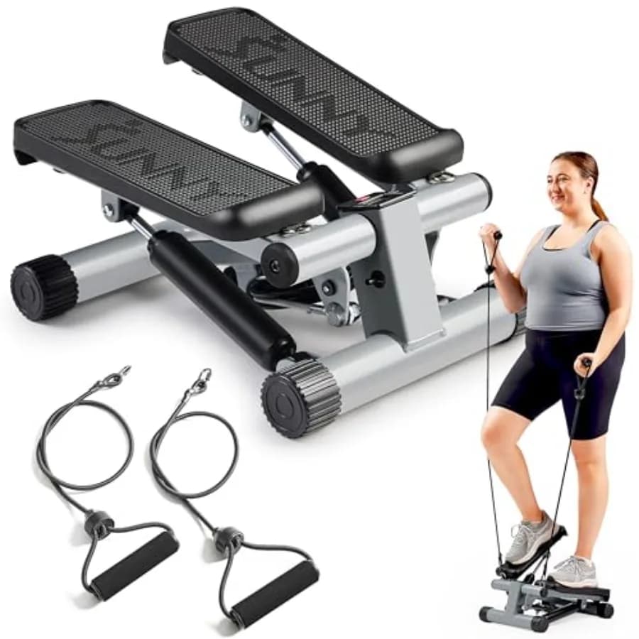 Mini stepper per esercizi a casa con banda di resistenza e movimento a torsione, design resistente per fino a 300 libbre, compatibile con app gratuita per smartphone.