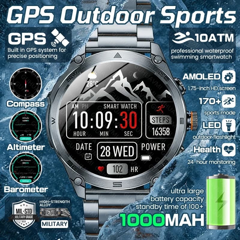 New Smartwatch GPS Outdoor Military Satellite, 1000mAh Battery, 10ATM Waterproof, Bluetooth Calls, Flashlight, Men's Sports Watch