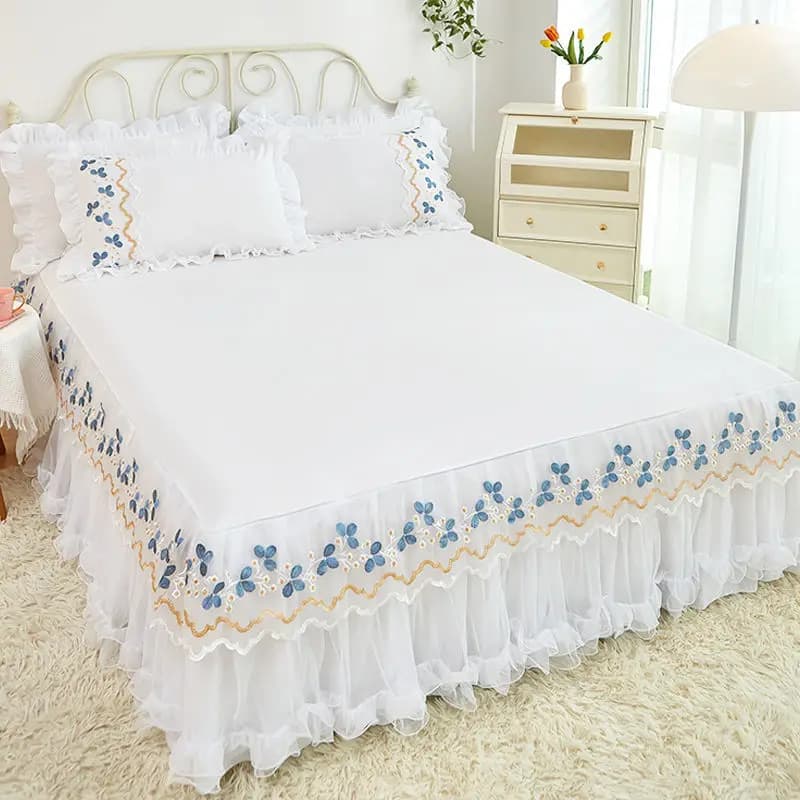Gonne da letto in pizzo foglia di loto in pizzo stile principessa tinta unita copriletto bianco rosa copriletto lenzuola antiscivolo senza federa