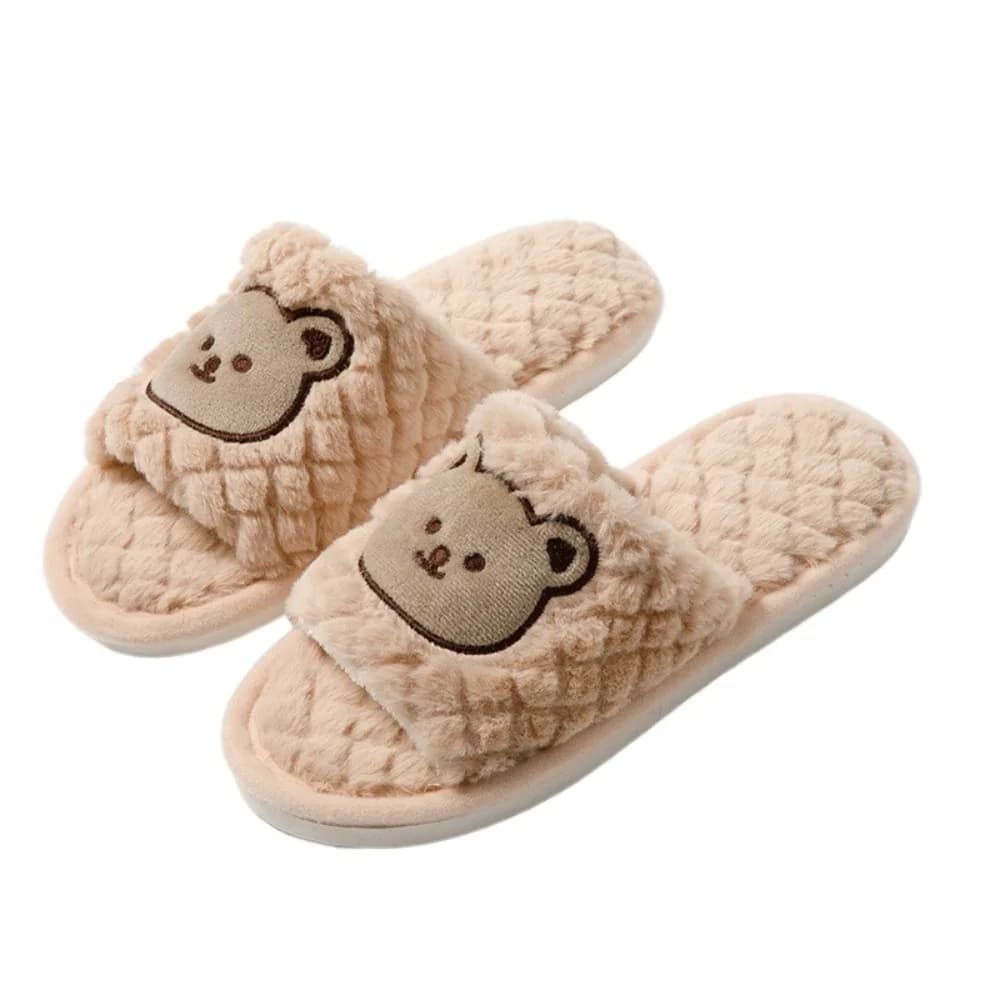 Nice slippers with blurred plush bear Grid comode slippers casual winter Flat shoes in non-slip plush for winter cartoons