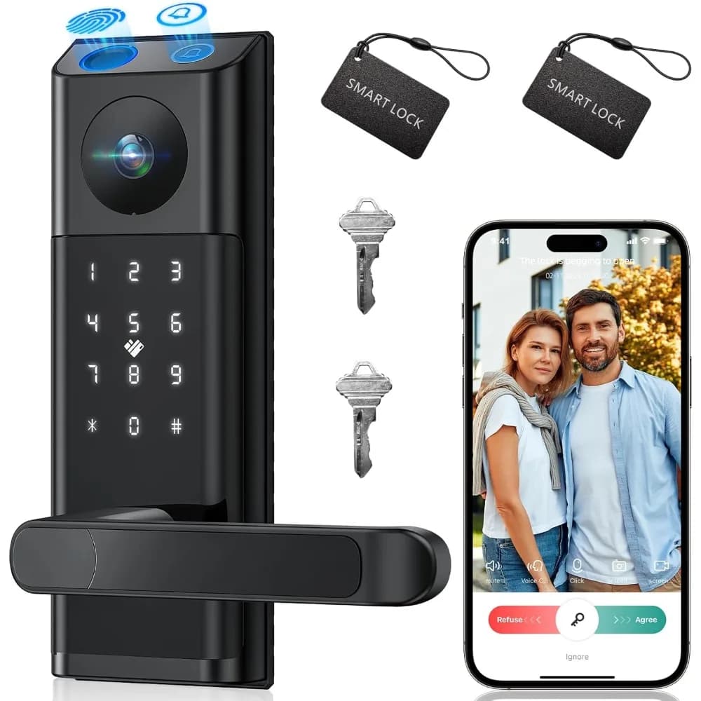 Smart Lock video con fotocamera e campanello, serratura per porta d'ingresso senza chiave 5 in 1 con maniglia, impronta digitale + codice tastiera + telecomando APP +