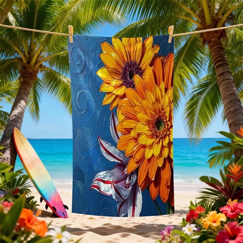 Asciugamano da spiaggia con stampa floreale vibrante di gerbera, ad asciugatura rapida, anti-sabbia e assorbente, ideale per viaggi e vacanze al mare