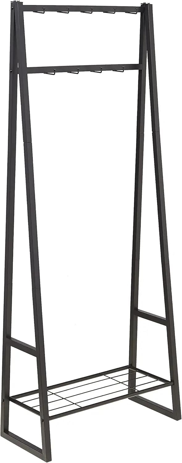 Appendiabiti a 9 ganci con panca per scarpe e ripiano in metallo, organizer da ingresso nero, 13" P x 27,6" L x 69" A