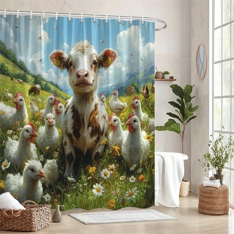 1 tenda da doccia con motivo mucca e pollo - Design con mucca marrone e bianca con pulcini soffici in prato verde, cielo azzurro e colline lontane