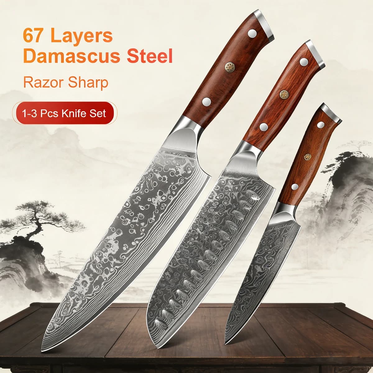Set di 1 o 3 Coltelli da Cucina Giapponesi in Acciaio Damascato Forgiato, Coltelli Chef e Santoku in Acciaio Inox con Manico in Palissandro