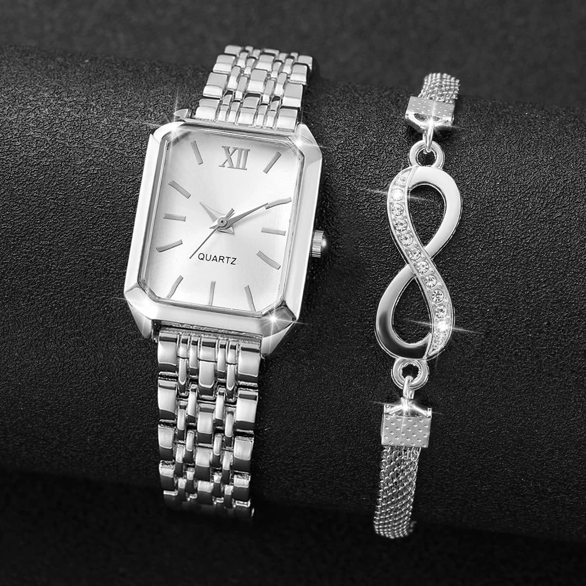 Set di 2 Orologi da Donna alla Moda con Quadrante Rettangolare Stile Roma, Orologio da Polso al Quarzo con Bracciale, Reloj Mujer, Orologio da Ragazza (Senza Scatola)