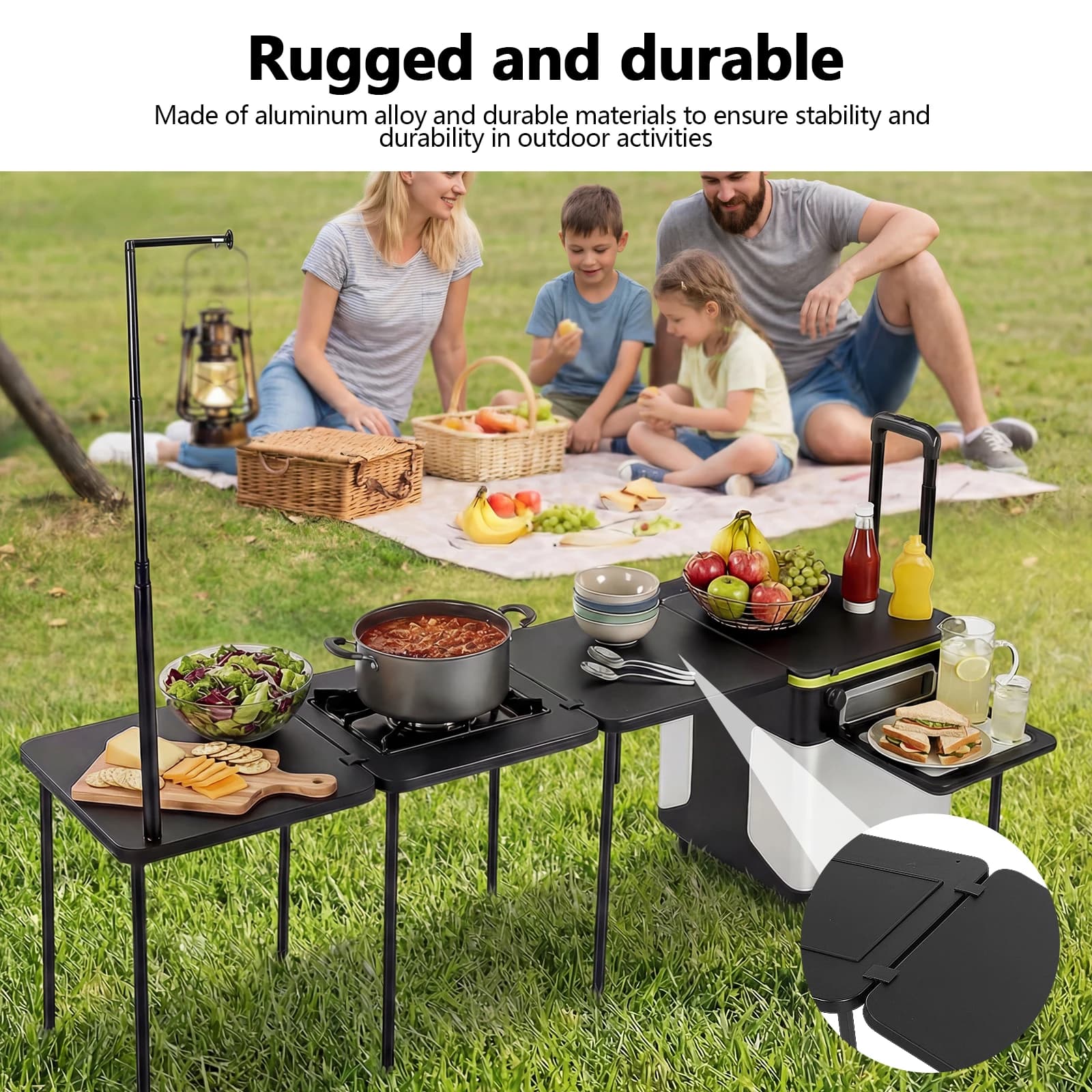 Stazione Cucina Multifunzionale da Esterno con Ruote, Tavolo Pieghevole Portatile con Supporti per Luci per Tailgating, BBQ, Picnic, Camper