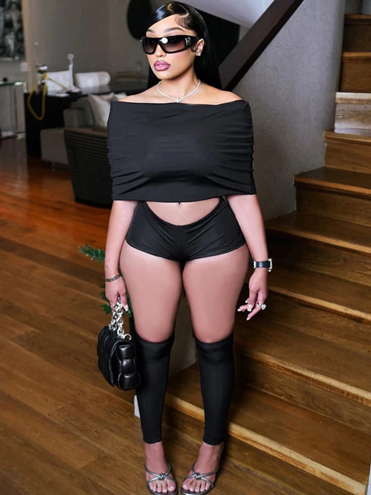 Women's sexy shorts 2025 Top short summer with shoulders discovered with skinny shorts and calf socks Completi Tuta Clubwear