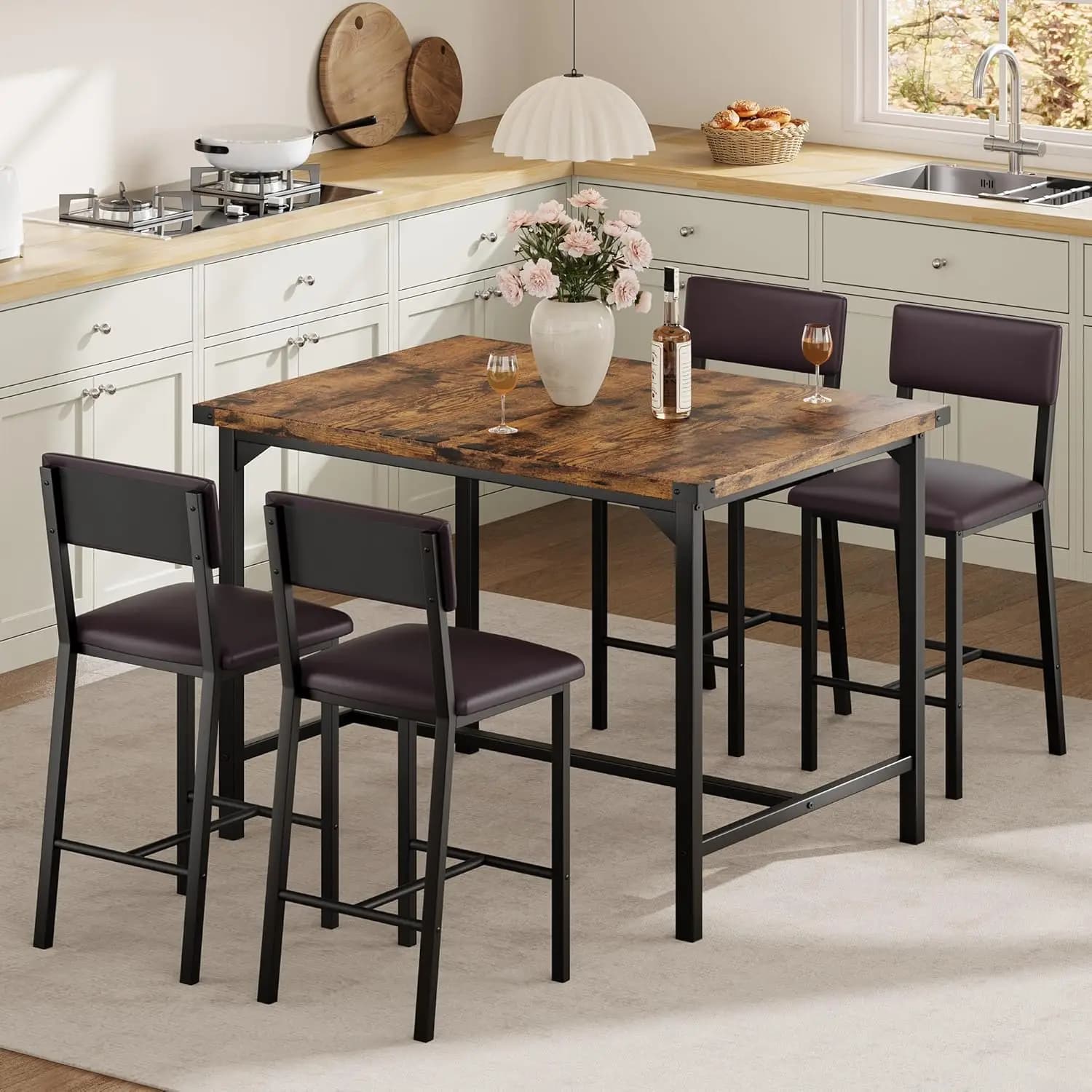 5-piece dining table set, bar table set with 4 padded chairs for pub, dining room, kitchen