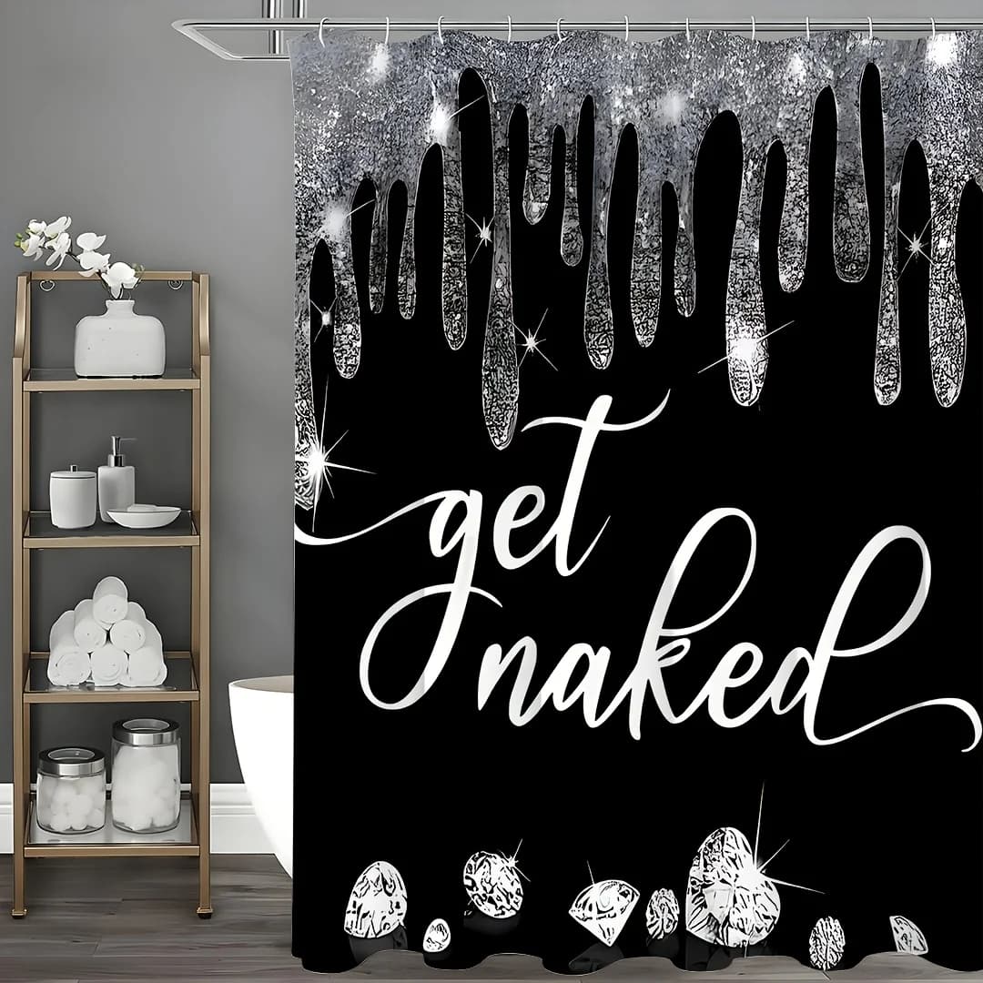 Get Naked Set da bagno da 1/4 pezzi, tenda da doccia nera con gocciolamento glitterato e diamanti scintillanti