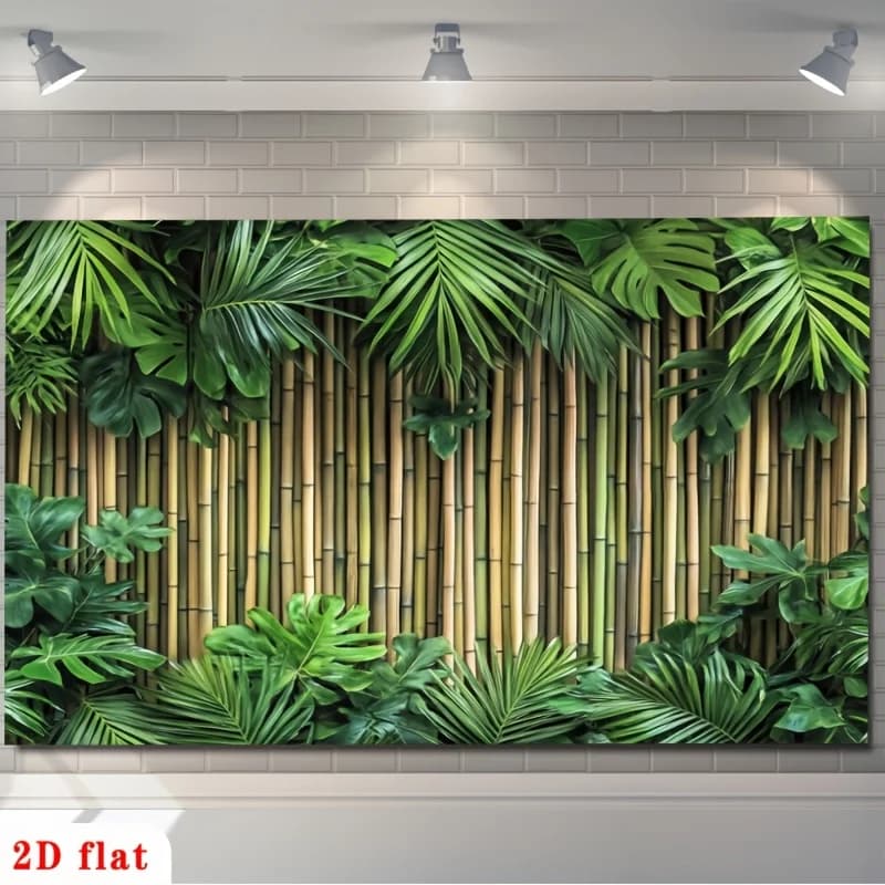 2D Flat, Bamboo Leaf Wall Tapestry Tropical Green Print Backdrop Jungle Party Background Cloth Zen Themed Bedroom Living Room