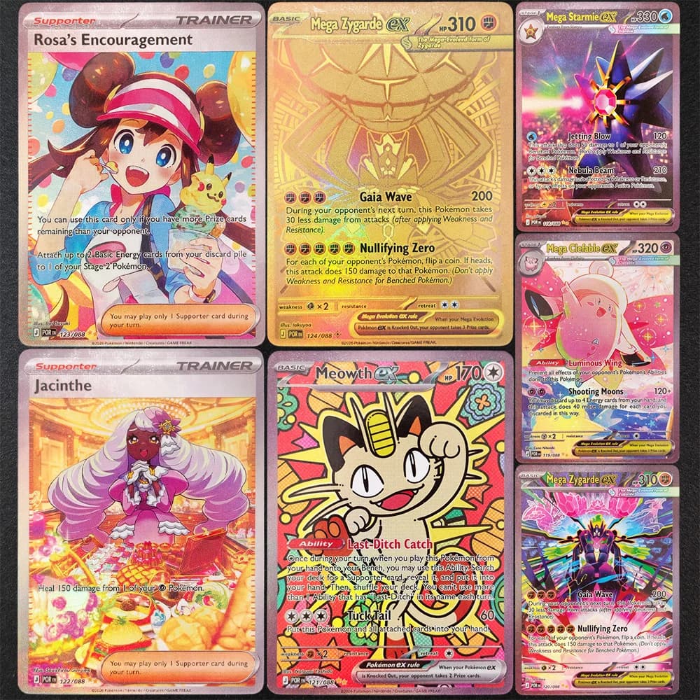 DIY Proxy PTCG English POR Mega Zygarde Meowth Clefable Starmie ex Clefairy Jacinthe Rosas Encouragement Collection Card Toy