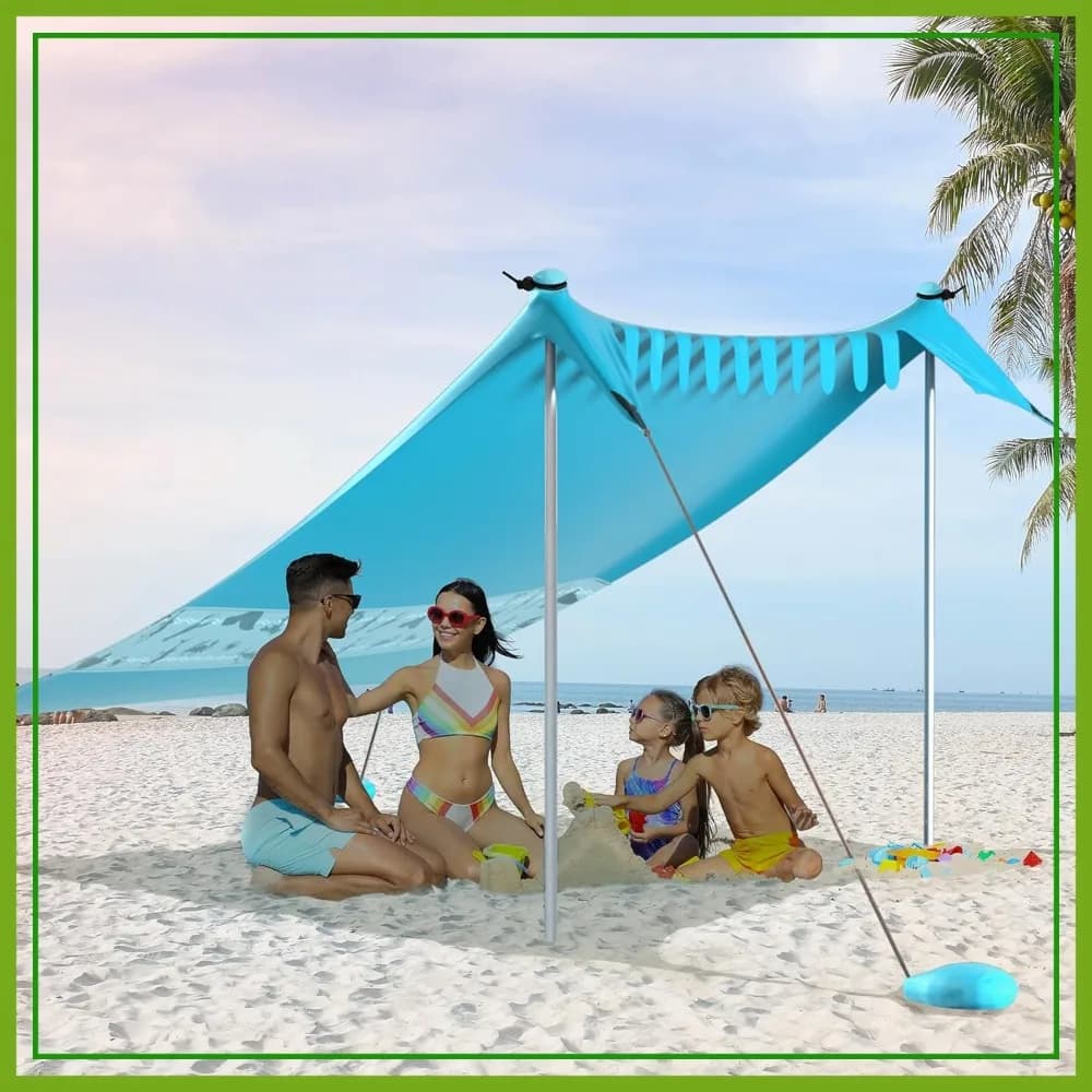 Tenda da Spiaggia Parasole UPF50+ per 5 Persone, 8x7FT, Ombreggiante Portatile con 2 Pali e 4 Sacchi di Sabbia, Gazebo per Campeggio, Picnic, Pesca, Blu