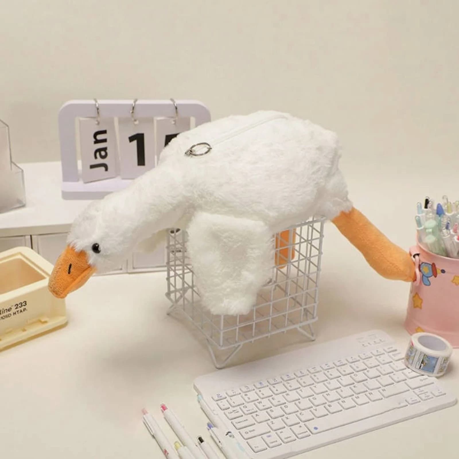 White Plush Lovely Goose Pencil Case Fun Animal Cartoon Stationery Bag for Students Multipropose Storage Bag Cute Gift for Kid
