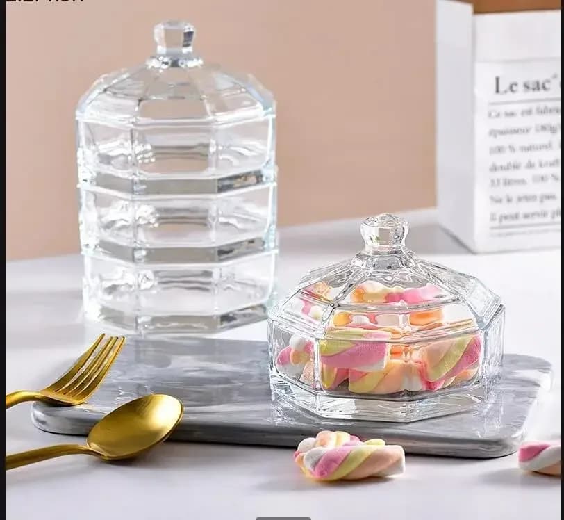 Barattolo di Vetro Trasparente a 3 Strati per Caramelle, Scatola Porta Gioielli, Contenitore per Snack e Frutta Secca, Organizer da Scrivania