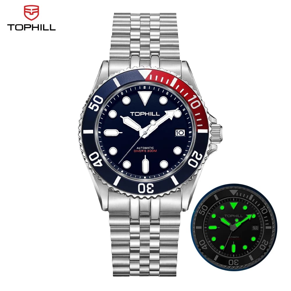 TOPHILL SKX007 Orologi da uomo NH35 Movimento meccanico automatico Vetro zaffiro C3 Luminoso 300M Orologio da polso subacqueo impermeabile