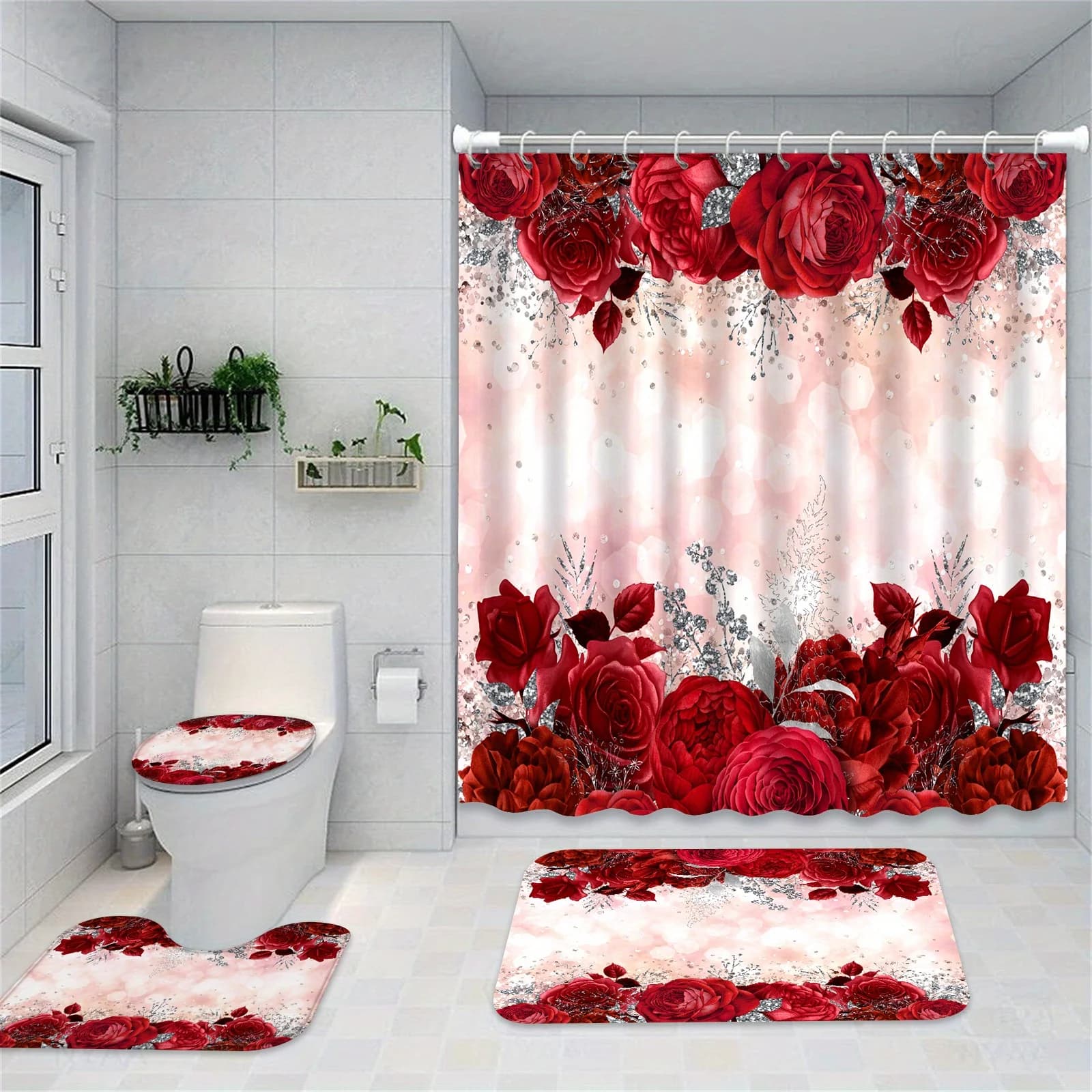 Set Decorativo per Bagno con Motivo a Rose, Include Quattro Pezzi: Tenda Doccia, Tappetino a U per WC, Tappetino da Bagno, Copriwater