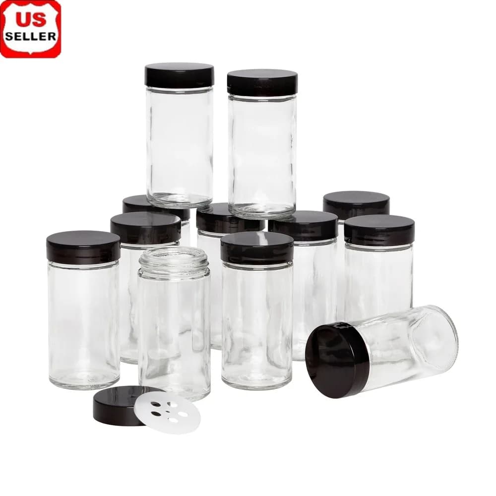 Set di 12 barattoli di spezie in vetro da 3 once con coperchio a setaccio nero, contenitori per organizzare, artigianato da cucina per ufficio