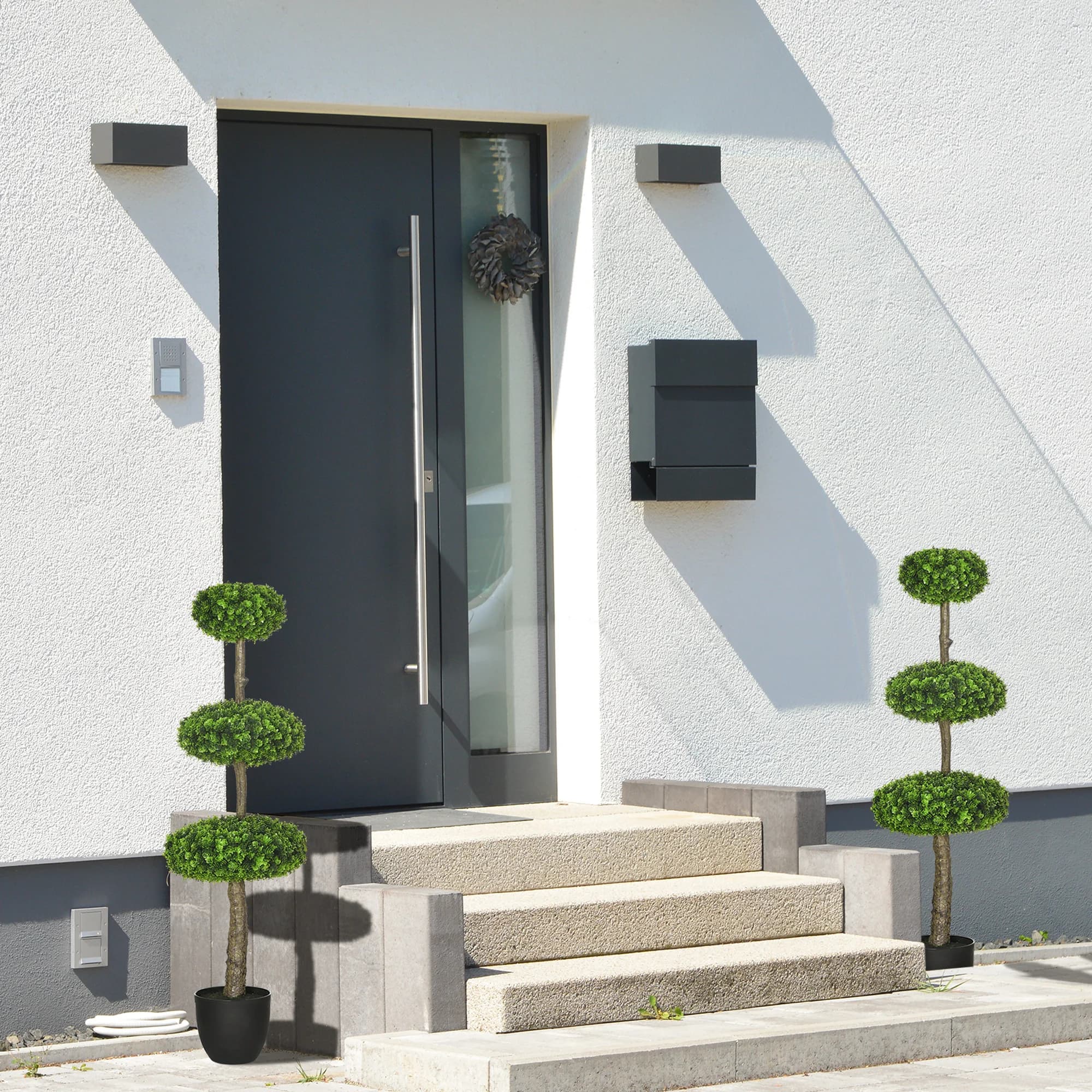 Set of 2 Artificial Trees by Bosso Topiario, Fin Plants in High Vase, in Shape of Oblated Ball, for Interior and Outer Decorations with Vasi da Vivaio