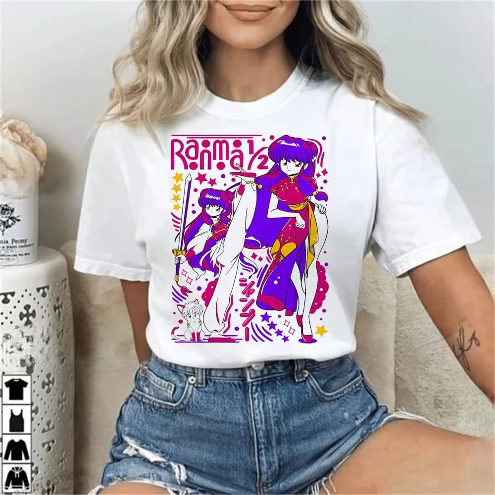 Maglietta Ranma per Ragazze, Trendy Kawaii Psichedelica Traspirante, T-Shirt Grafica per Donne, Cultura Pop, Top Estetici con Grafiche alla Moda