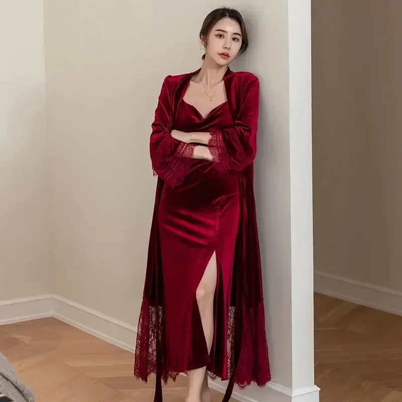 Abito da sposa Abito lungo in velluto Abito rosso a due pezzi per le spose Abito da mattina Autunno Inverno Indumenti da notte Scollo a V Comodo per la casa