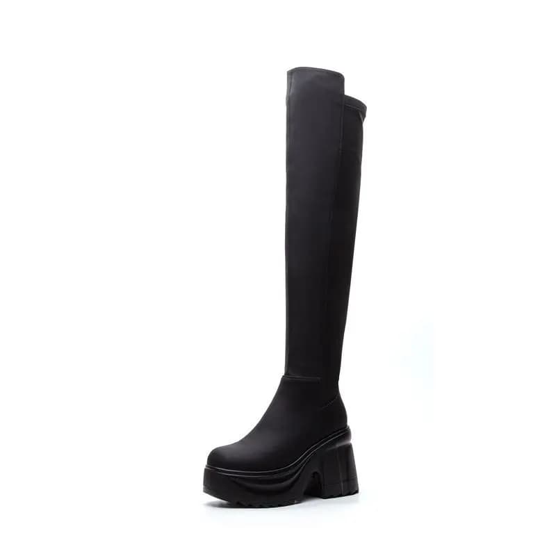 Stivali da donna con tacco largo e suola spessa al ginocchio, in vera pelle, punta tonda nera, suola in gomma, comfort tutto il giorno, abbigliamento formale casual