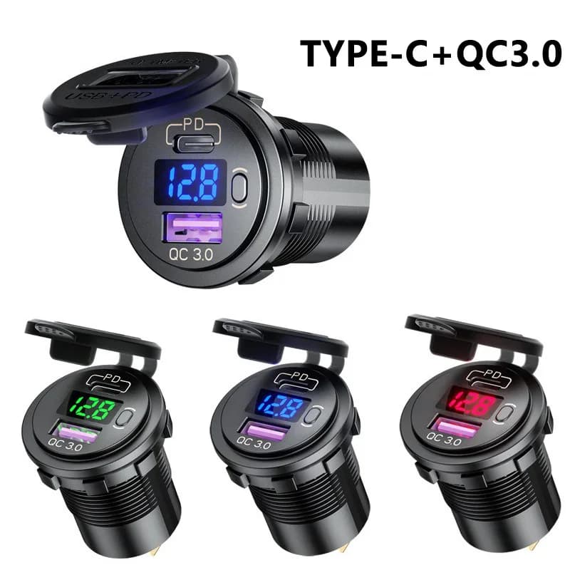 USB 12V/24V PD Type-C QC3.0 dual car charger socket with voltmeter switch for LED display for motorcycle car boats