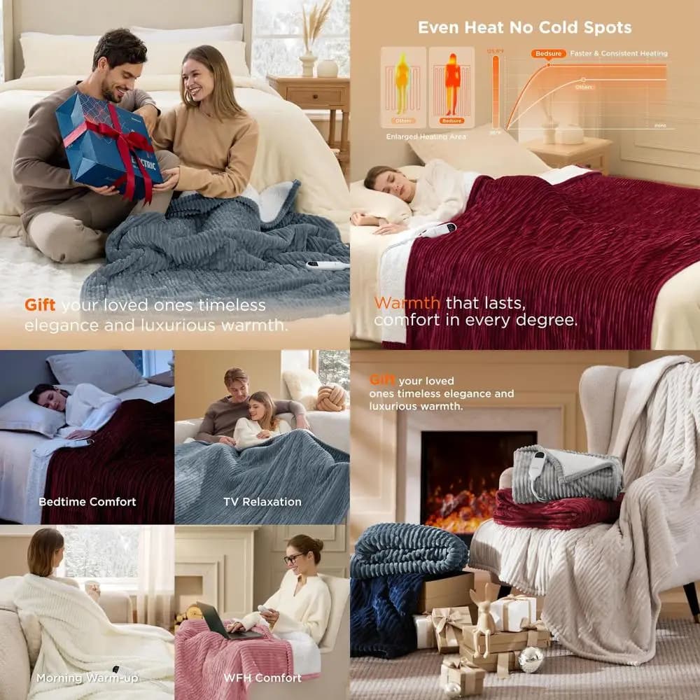 Coperta elettrica doppia in morbida flanella a costine con 10 opzioni timer, 6 livelli di calore e funzione di spegnimento automatico di 8 ore - Regalo ideale per