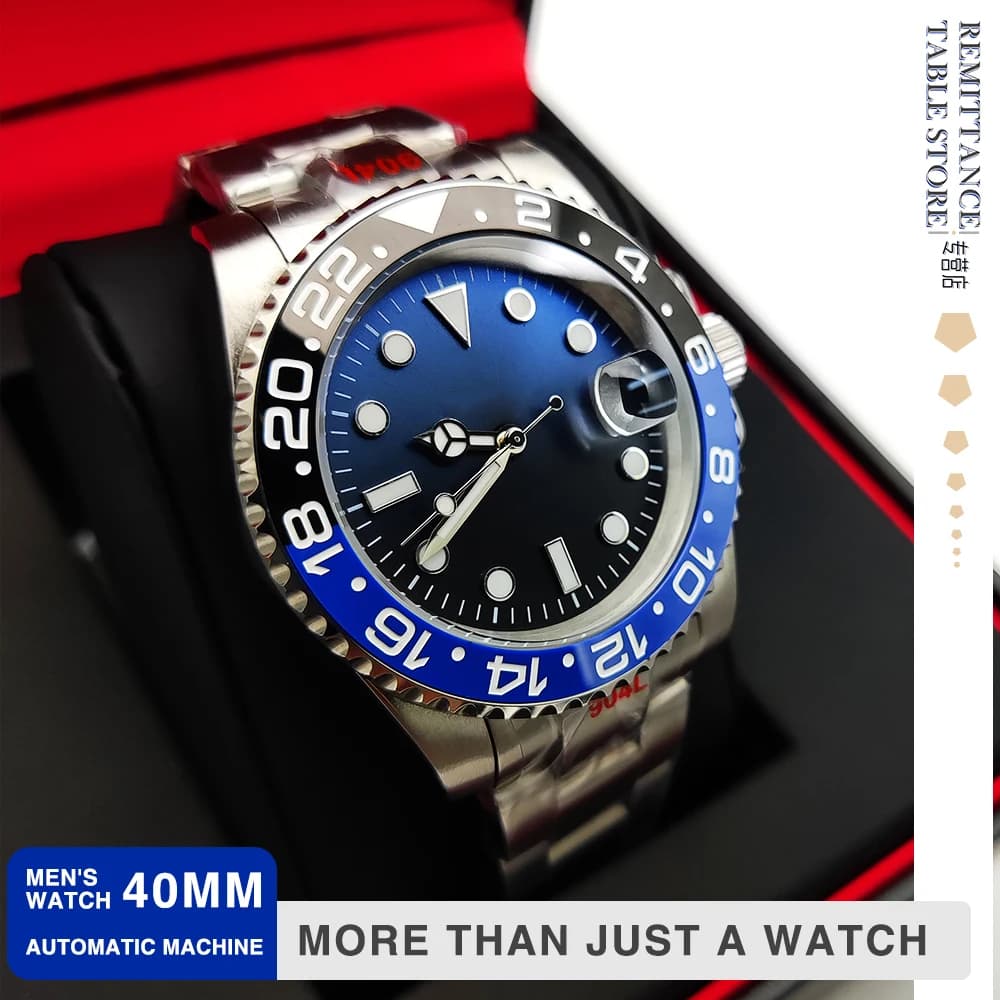 New Parnsrpe NH35 Automatic Mechanical Watch Men GMT Sport Blue Red Bezel Date 40mm Sapphire Glass 316L Stainless Steel Daily