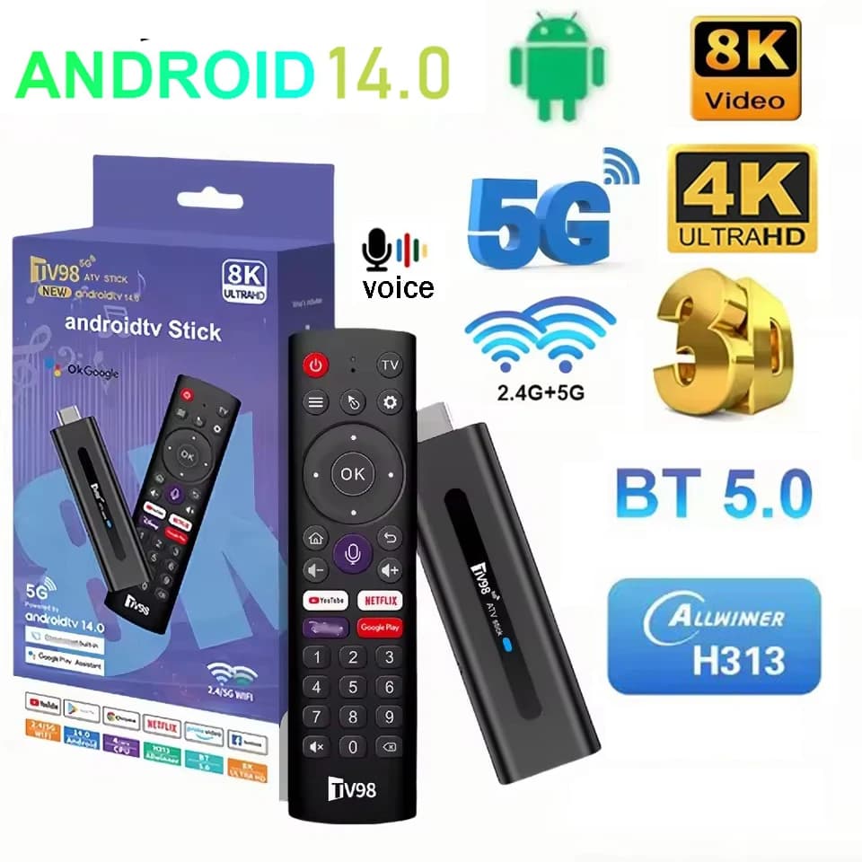 TV98 ATV stick Smart Android 14.0 2GB 16GB Allwinner H313 HD 8K 4K Player 4G 5G Wifi Supporto OTA BT5.0 Telecomando vocale iptv