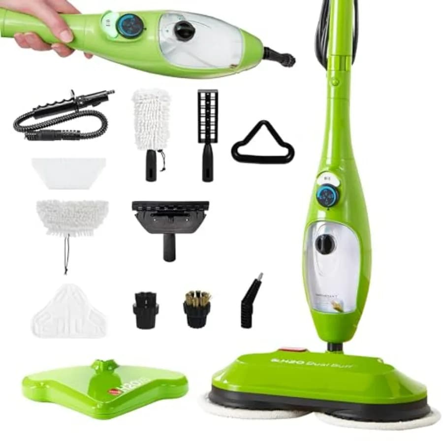 X5 Dual Buff Steam Mop per pavimenti in piastrelle della cucina, pavimenti in legno, fughe, tappezzerie e tappeti; corpo in acciaio inossidabile, bianco; 8-