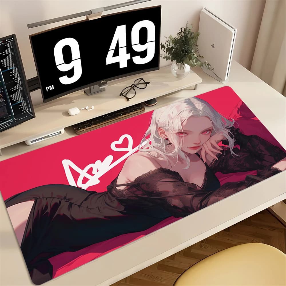 Tappetino per Mouse da Gaming XXL con Ragazza Anime Rossa, Antiscivolo in Gomma Naturale con Bordo Cucito, Grande Tappetino da Scrivania per Gamer PC ed Esports, Tappetino per Mouse da Ufficio