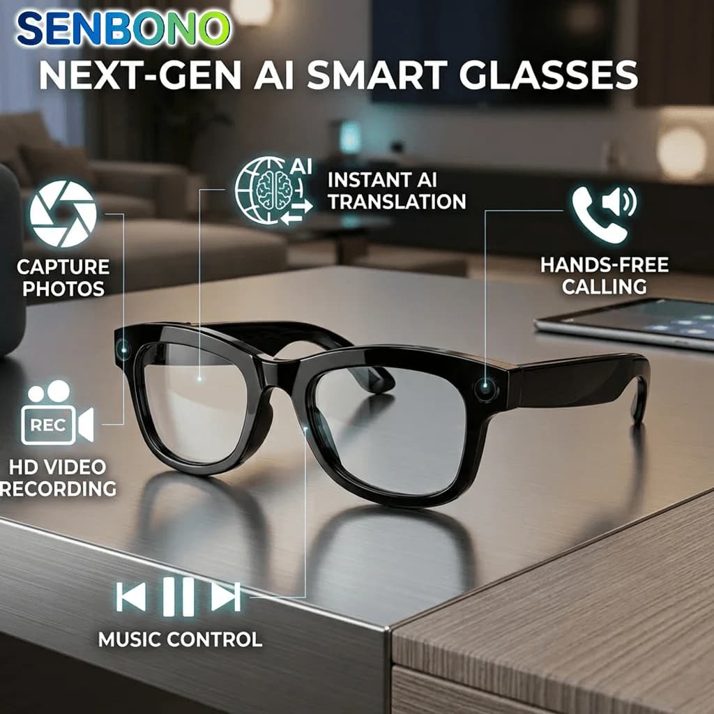 SENBONO 2026 New Smart Glasses with 8MP Camera Video Recording AI Photo Recognition Answer AI Translator Bluetooth Call Smart Sunglasses for Men Women