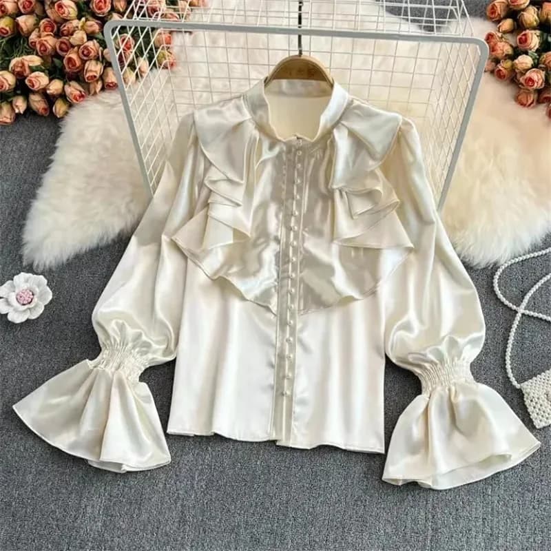 Camicie da Donna a Maniche Lunghe Primavera Autunno 2026, Top con Bottoni, Camicia Elegante con Colletto Rialzato, Tinta Unita, Bluse Femminili alla Moda