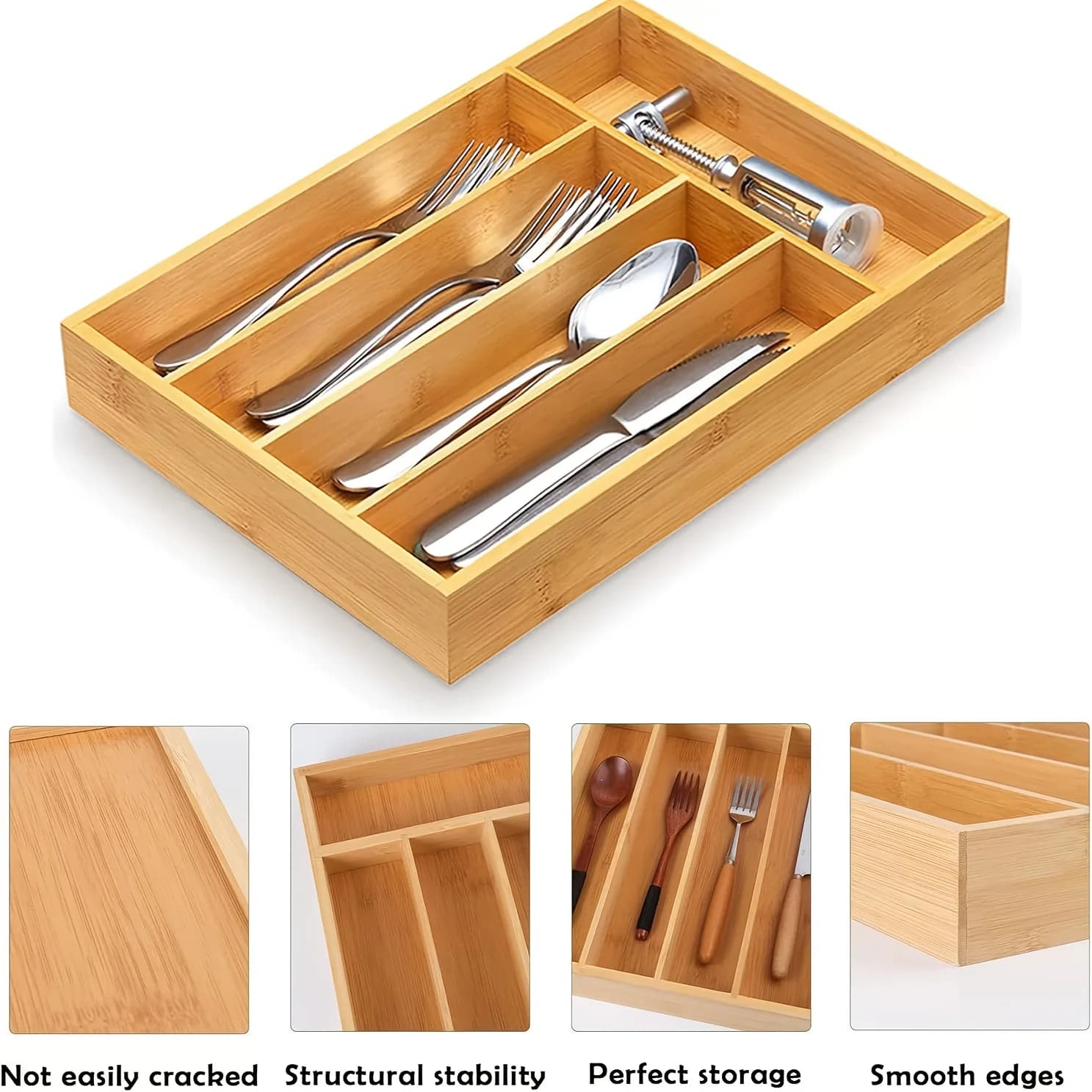 Bamboo Kitchen Drawer Organizer, Silverware Utensil Holder for Samll Drawer, Silverware Organizer for Cutlery Knives