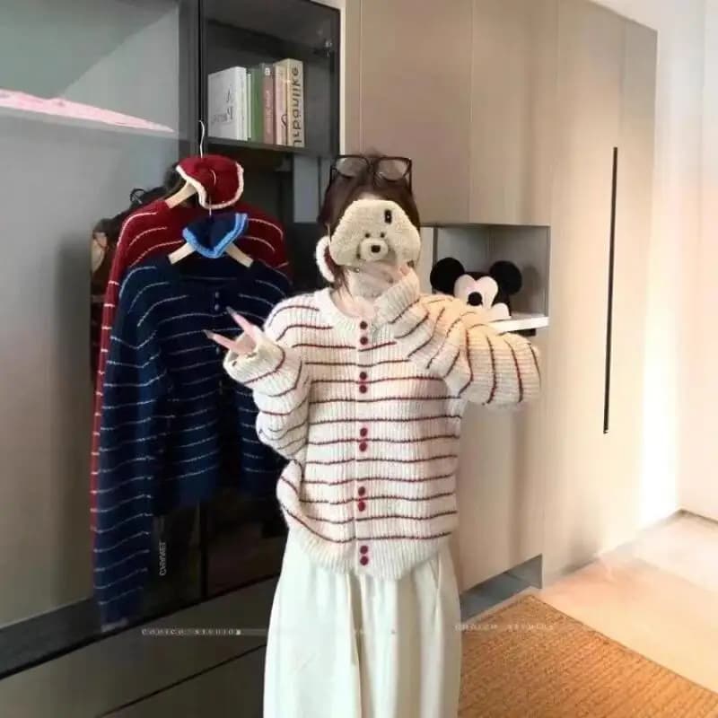 Cardigan in Maglia a Righe a Contrasto in Peluche Nuovo Autunno/Inverno 2025 da Donna - Giacca Top Elegante