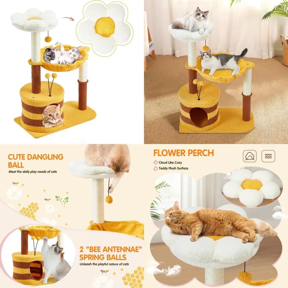 Erinnyees Albero per gatti a tema floreale da 35 pollici con accenti di api, torre per gatti da interno compatta con tiragraffi in sisal, condominio in peluche, e
